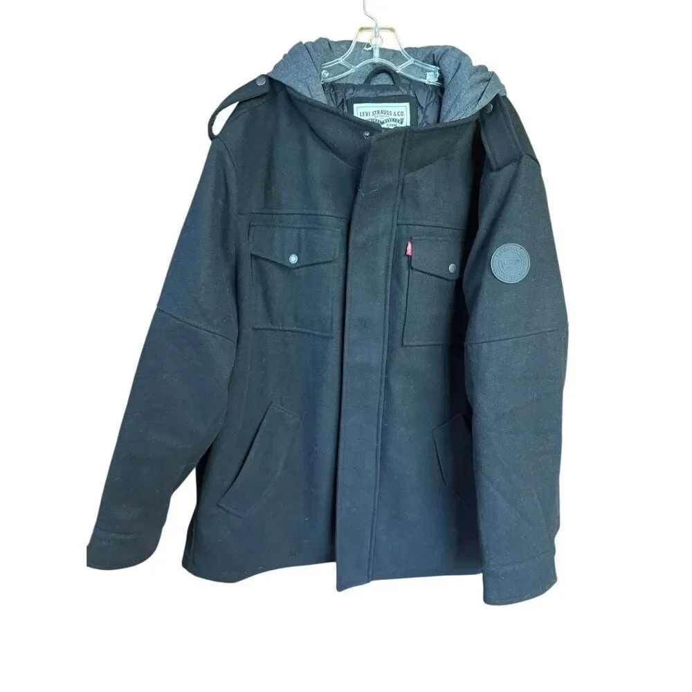 Levi's Men's Wool Blend Hooded Military Jacket Black Sz 3XL
